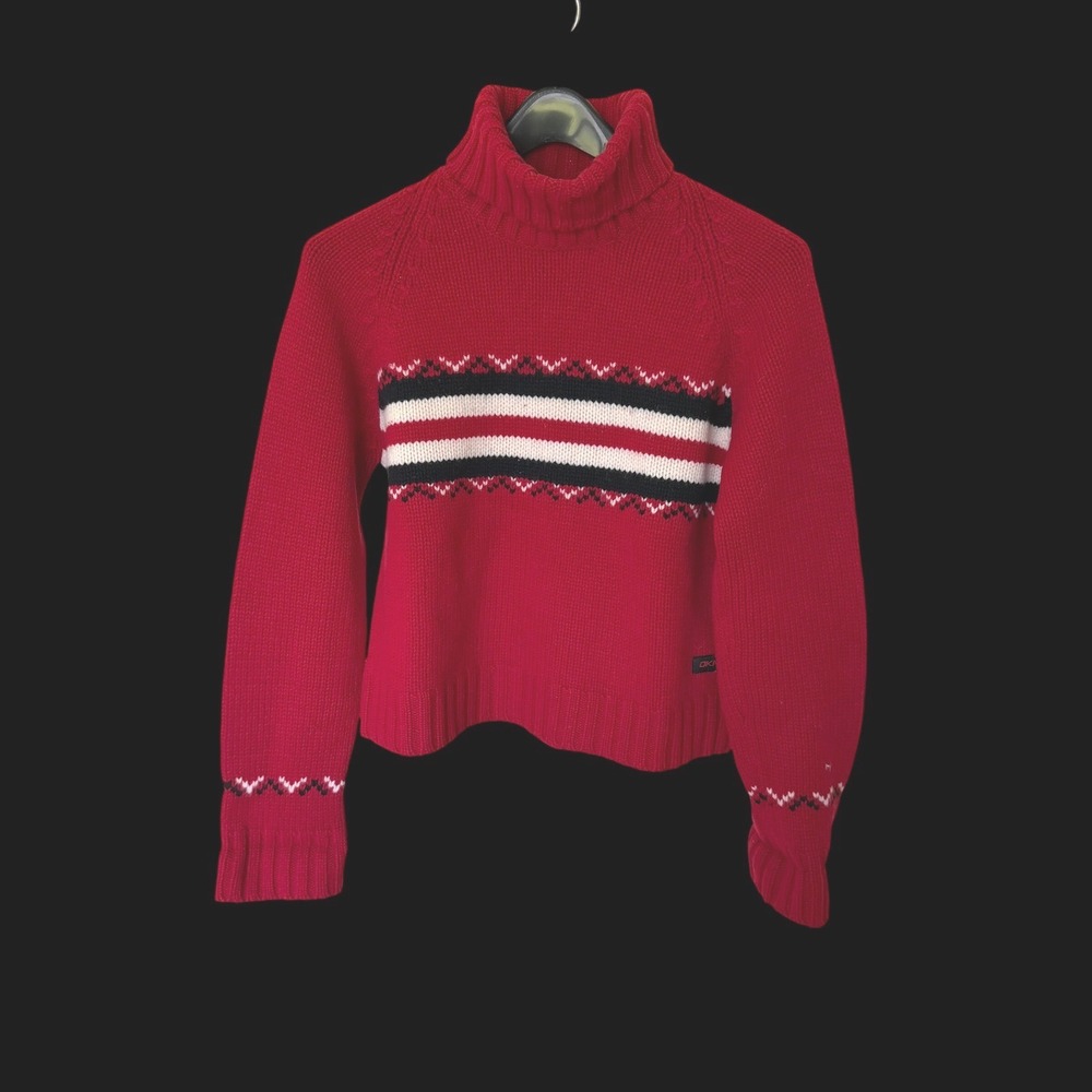 Y2K DKNY Red Lambswool Turtleneck Sweater Striped Fair Isle Womens Medium